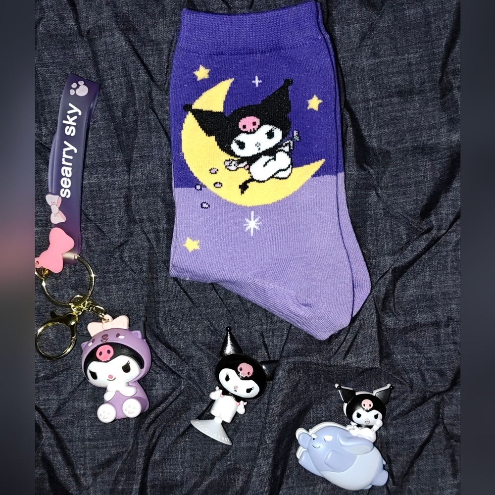 Sanrio Kuromi Purple Lavender Socks with Matching Keychain & Pins